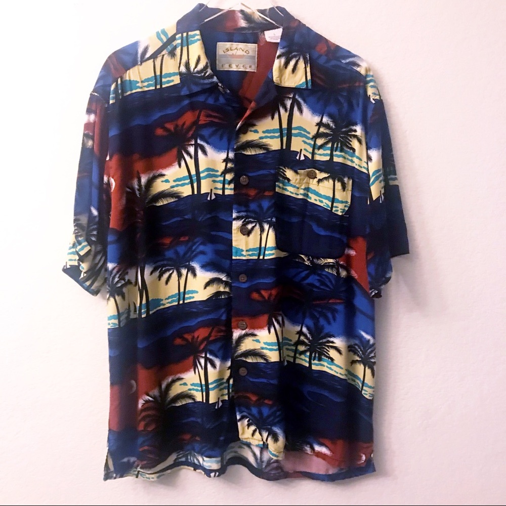 Island Fever Hawaiian Sunset Palm Tree Shirt L